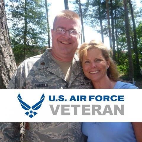 Dennis and Valerie together, with a U.S. Air Force veteran emblem